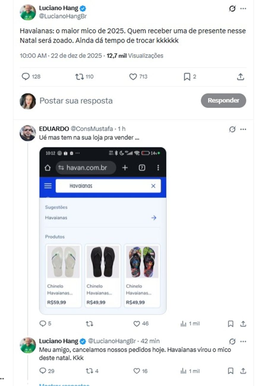 Empresário chama Havaianas de “mico” e diz que não venderá mais na HavanFoto: Redes socias/Reprodução/ND Mais