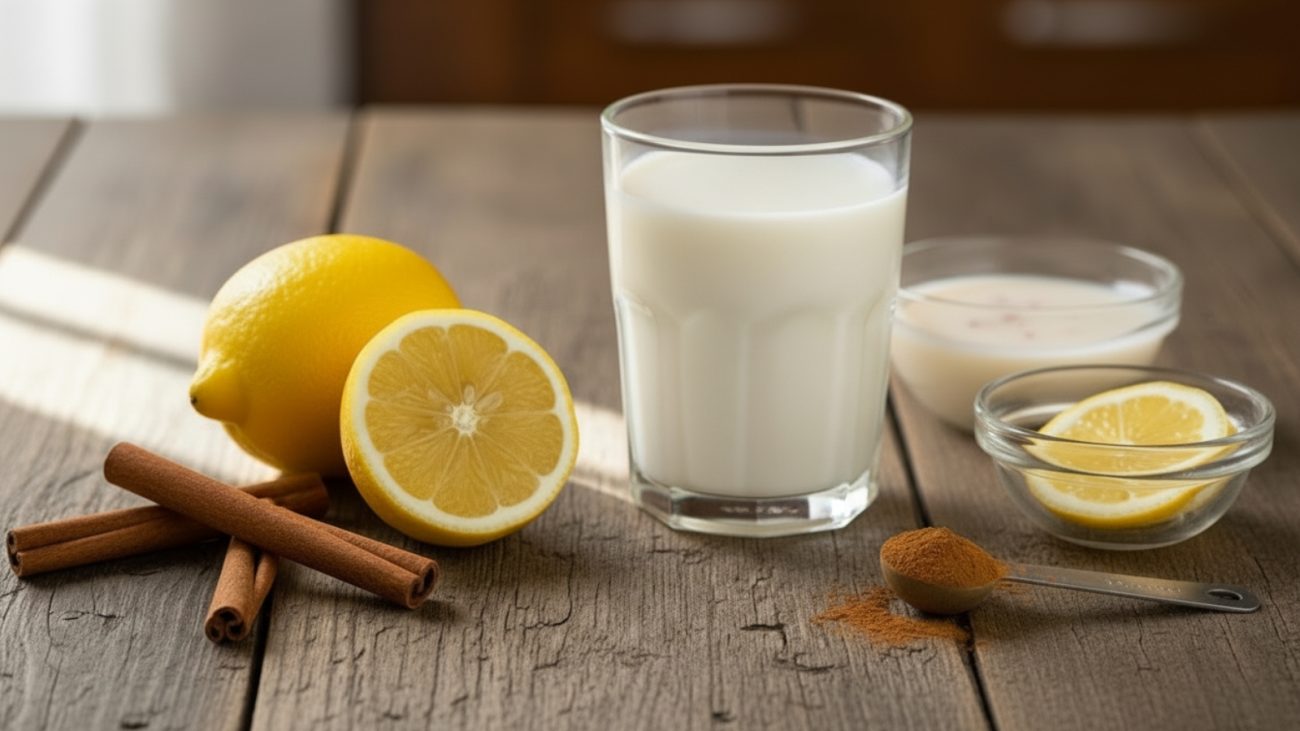 Imagem de um copo de leite, limões, canela em pau e uma colher de gengibre em pó sobre uma mesa de madeira, ingredientes usados na preparação de bebidas saudáveis.
