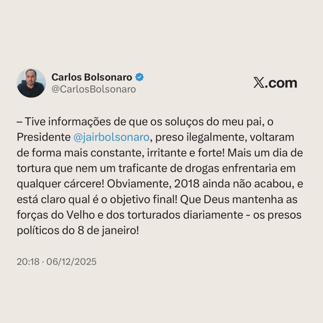 'Mais um dia de tortura': Carlos atualiza quadro de saúde de Jair Bolsonaro na prisão