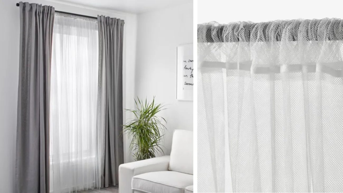 Imagem de cortinas de tecido em sala de estar moderna com cortina de blackout e cortina de voal, decorando janela para privacidade e elegância.