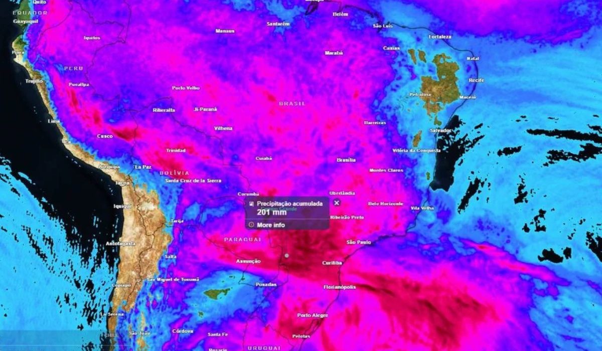 Os níveis de precipitação acumulados para o Sul do Brasil até o fim de semana.