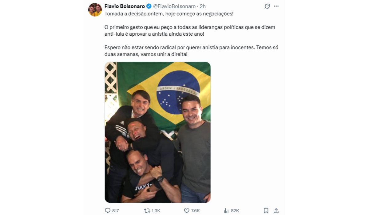 Post de Flávio Bolsonaro no X sobre o primeiro gesto (anistia) após o anúncio da candidatura à PresidênciaFoto: @flaviobolsonaro/Flávio Bolsonaro/X/Reprodução