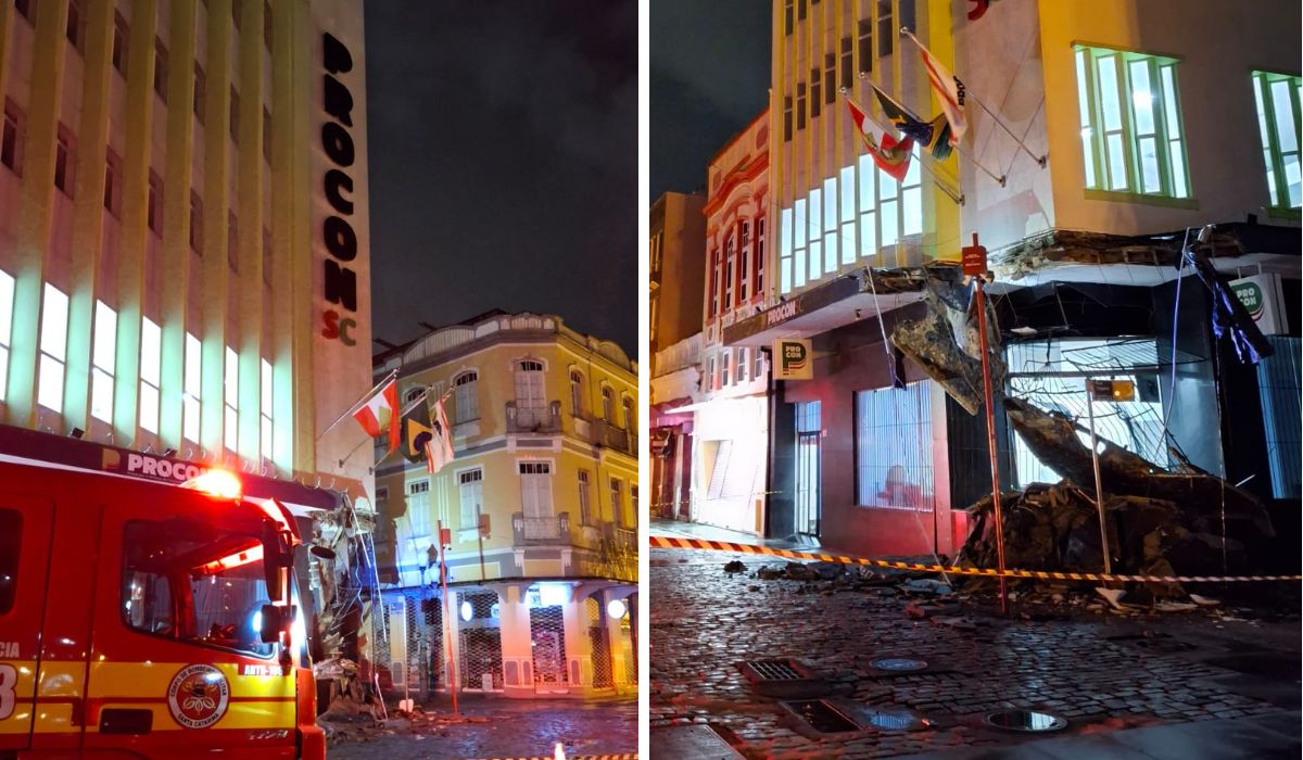 Força da chuva que atingiu Florianópolis teria sido a causa do desabamento da marquise do Procon-SCFoto: CBMSC/Divulgação/ND Mais