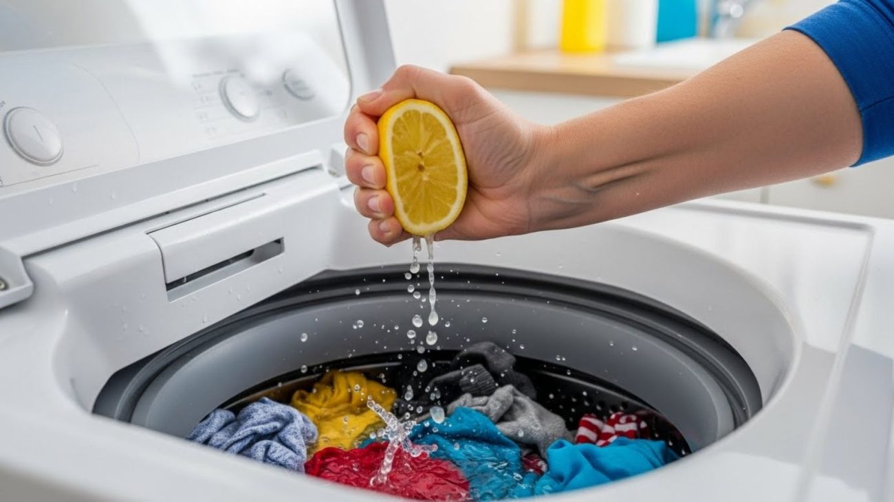 Imagem mostra uma pessoa espremendo um limão na máquina de lavar com roupas dentro.