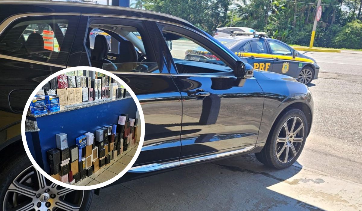 Carga ilegal de medicamentos, perfumes importados e eletrônicos foi apreendida pela PRF durante fiscalização na BR-101, em Joinville