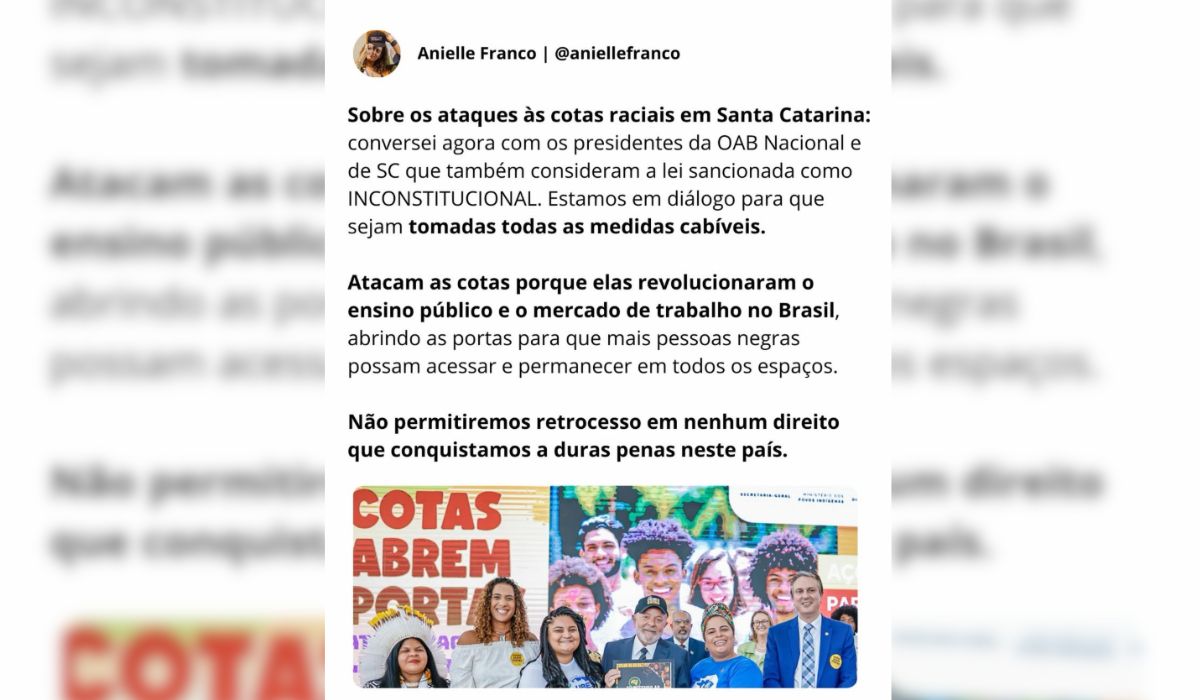 Ministra Anielle Franco se manifestou contra o fim das cotas raciais em SC nas redes sociaisFoto: Reprodução/Redes sociais