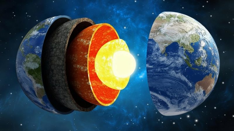 Corte da Terra mostra todas as camadas do planeta e a região profunda onde pesquisadores identificaram estruturas ocultas na Terra entre o núcleo e o manto - Imagem gerada por IA/ND Mais