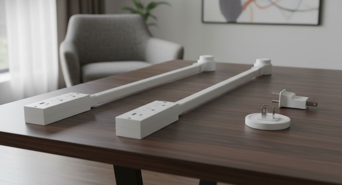 Dois modelos de filtro de linha branco sobre uma mesa de madeira, com design discreto e tomadas distribuídas ao longo do cabo para organizar aparelhos eletrônicos