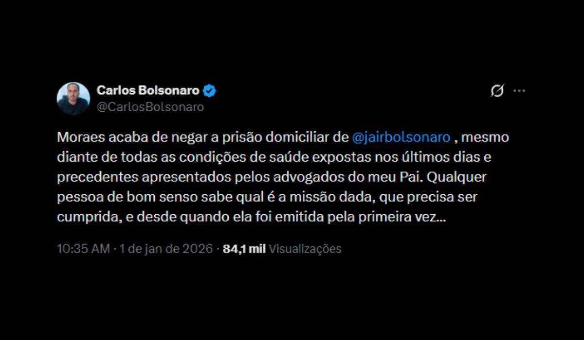 O pronunciamento de Carlos Bolsonaro sobre a negativa de prisão domiciliar para o pai.