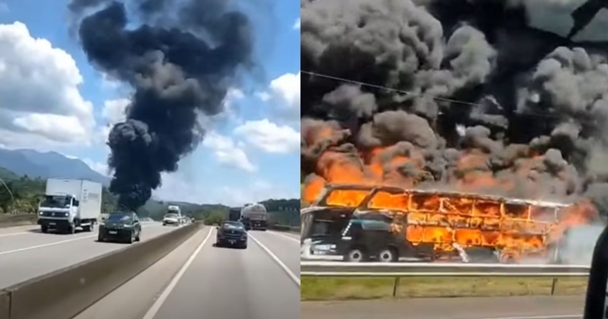Ônibus pega fogo na BR-101 em Joinville e imagens são impressionantes