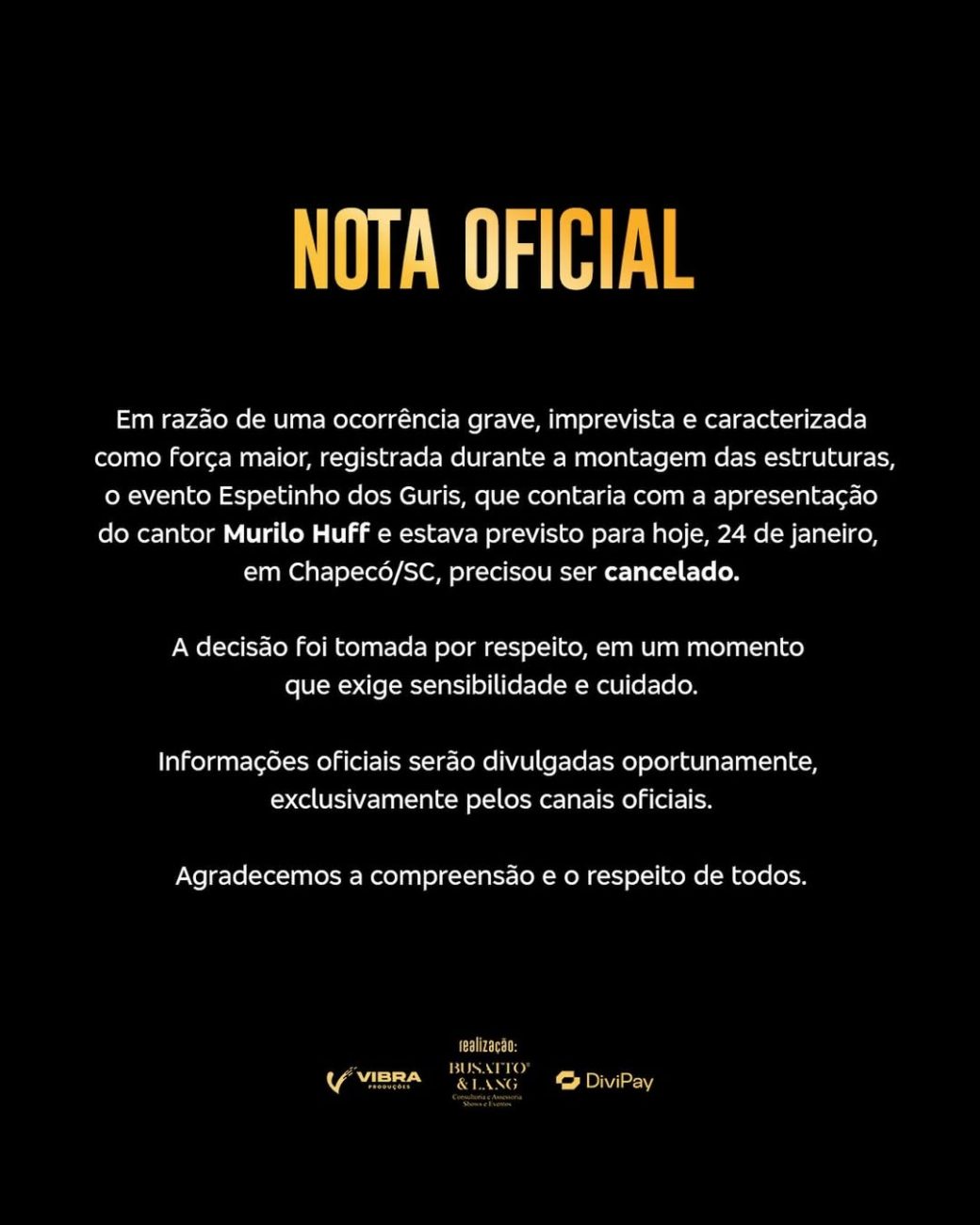 Trabalhador morre durante montagem de show de Murilo Huff em SC e evento é cancelado