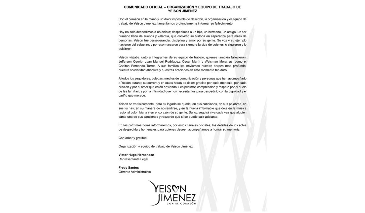 Nota publicada pela equipe de Yeison JiménezFoto: Instagram/Reprodução/ND Mais