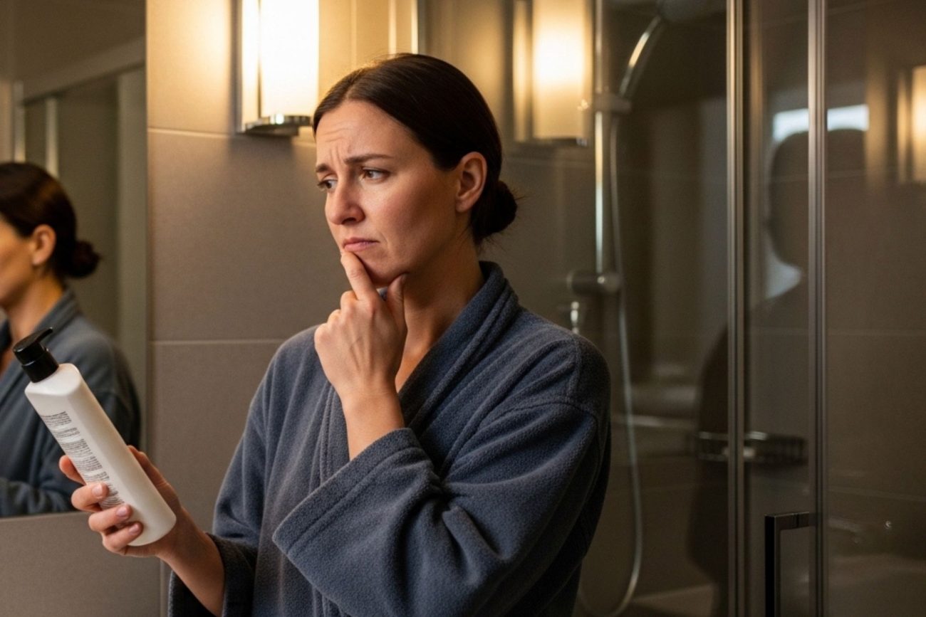 Mulher pensando com shampoo na mão se lava ou não o cabelo