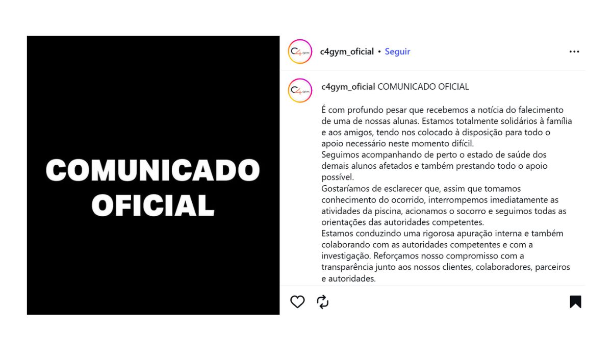 Nota oficial publicada pela academia após a morte de mulher após uso de piscina em academia de SP Foto: Academia C4 Gym/@c4gym_oficial/Instagram
