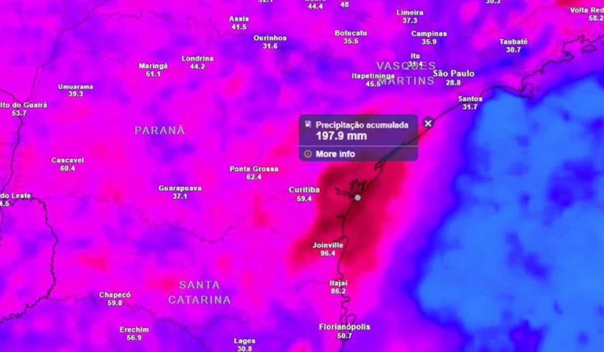 Frente fria traz acumulados de até 200mm para a região Sul.