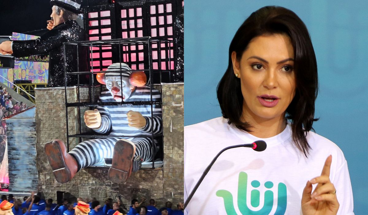 Michelle Bolsonaro se revolta com boneco de palhaço presidiário no desfile sobre Lula; Flávio Bolsonaro reagiu contra o desfile de LulaFoto: @vozdosamba_/X/Wilson Dias/Agência Brasil/ND Mais