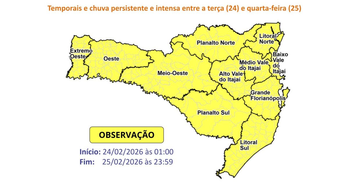 Temporais trazidos por frente fria deverão ser mais intensos entre terça e quarta-feira Foto: Defesa Civil de SC/Divulgação/ND Mais