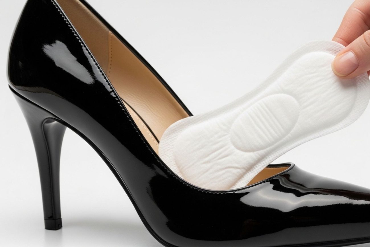 Pessoa colocando um absorvente no sapato 