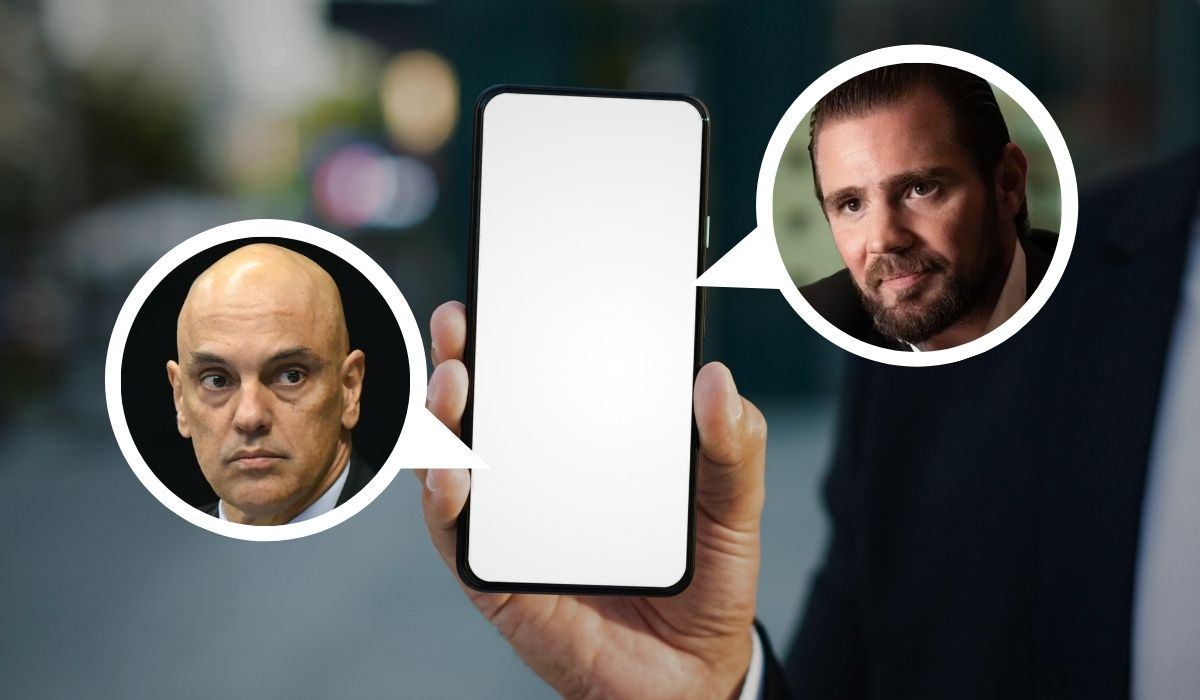Imagem de pessoa segurando celular sinalizando que Moraes está conversando com Vorcaro.