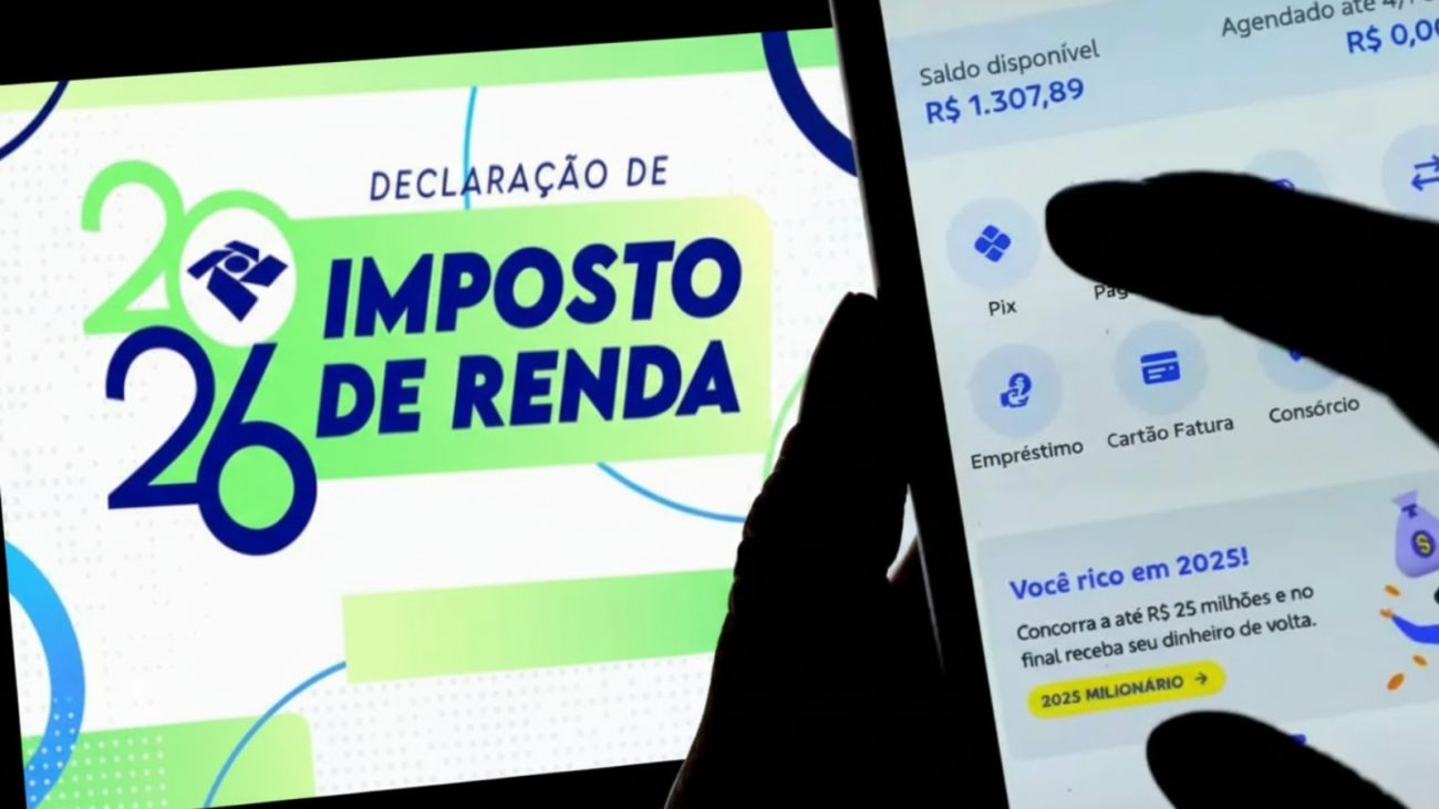 Imagem de imposto de renda com pessoa segurando celular ao lado