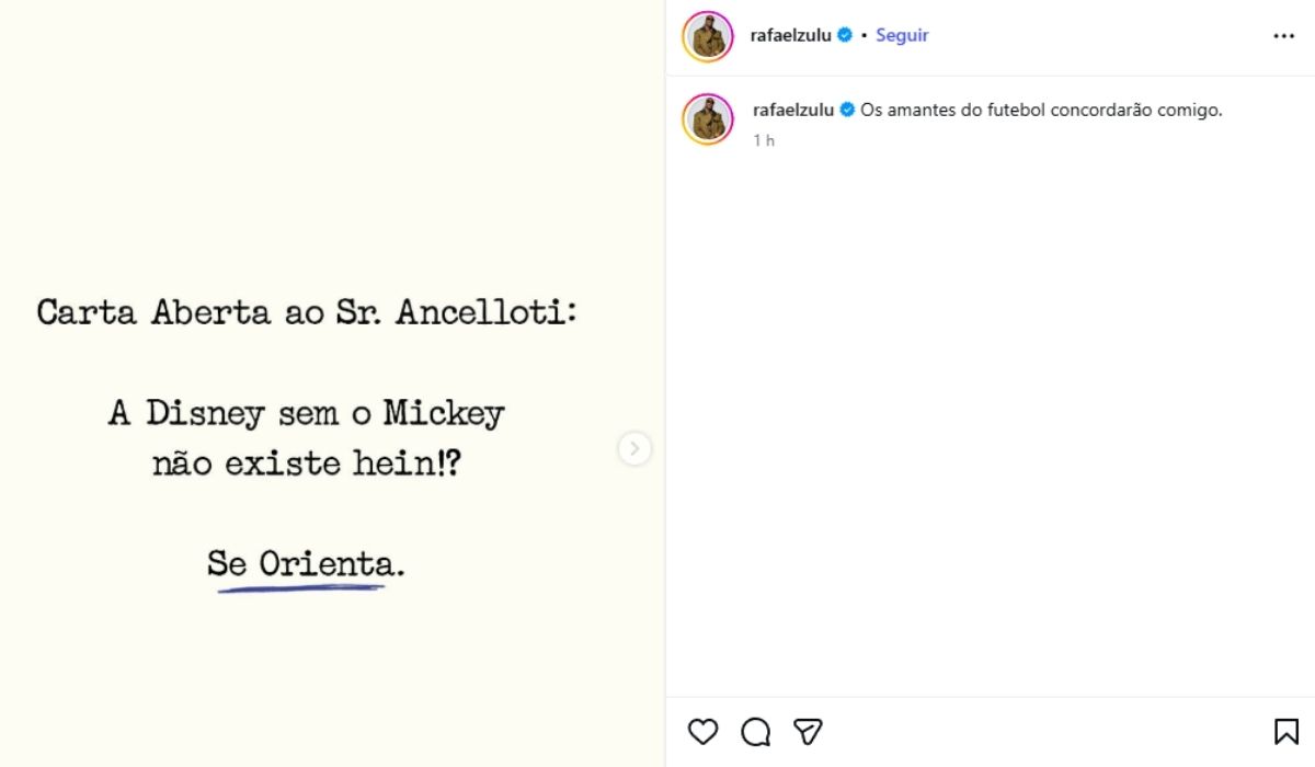 Rafael Zulu enviou forte recado para o técnico Carlo AncelottiFoto: Instagram/Reprodução/ND Mais