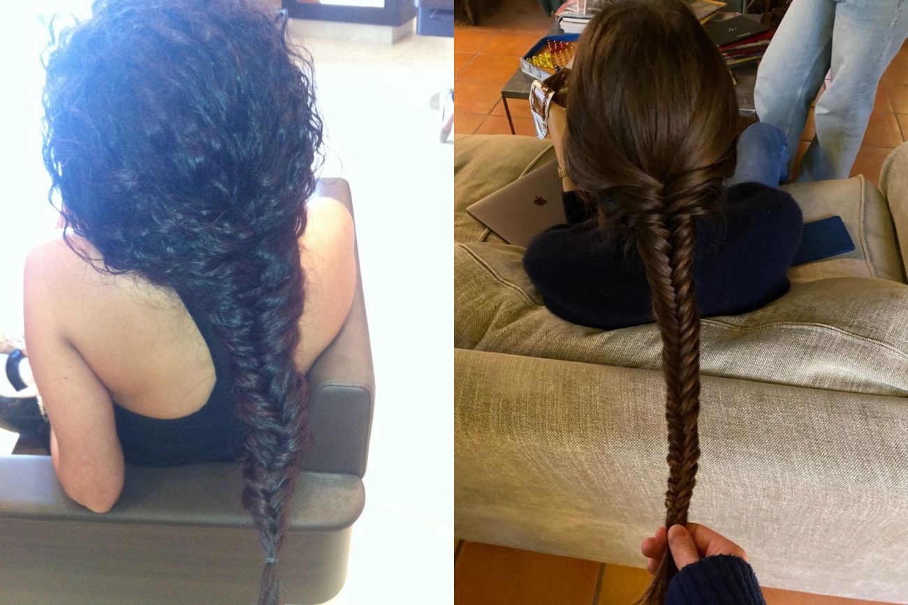 Tranças espinha de peixe em um cabelo cacheado e em um cabelo liso 