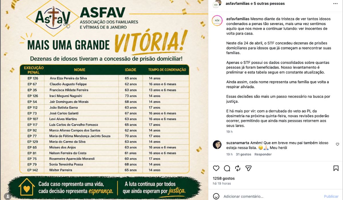 Ministro Alexandre de Moraes concedeu prisão domiciliar para 18 idosos presos pelos atos do 8 de JaneiroFoto: ASFAC (Associação dos Familiares e Vítimas do 08 de janeiro/Reprodução/ND Mais