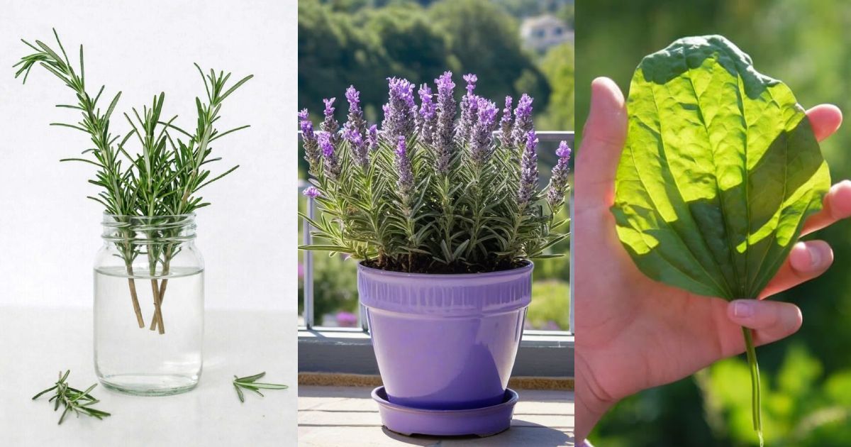 Na imagem há três fotografias. A primeira, com um alecrim verde. A segunda, com uma lavanda roxa. E por fim, a terceira, com uma folha de tanchagem verde. 