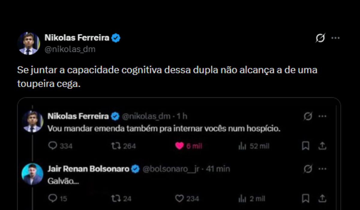 Nikolas Ferreira alfineta Jair Renan Bolsonaro nas redes sociais e aumenta tensão entre aliadosFoto: X/Reprodução/ND MAis