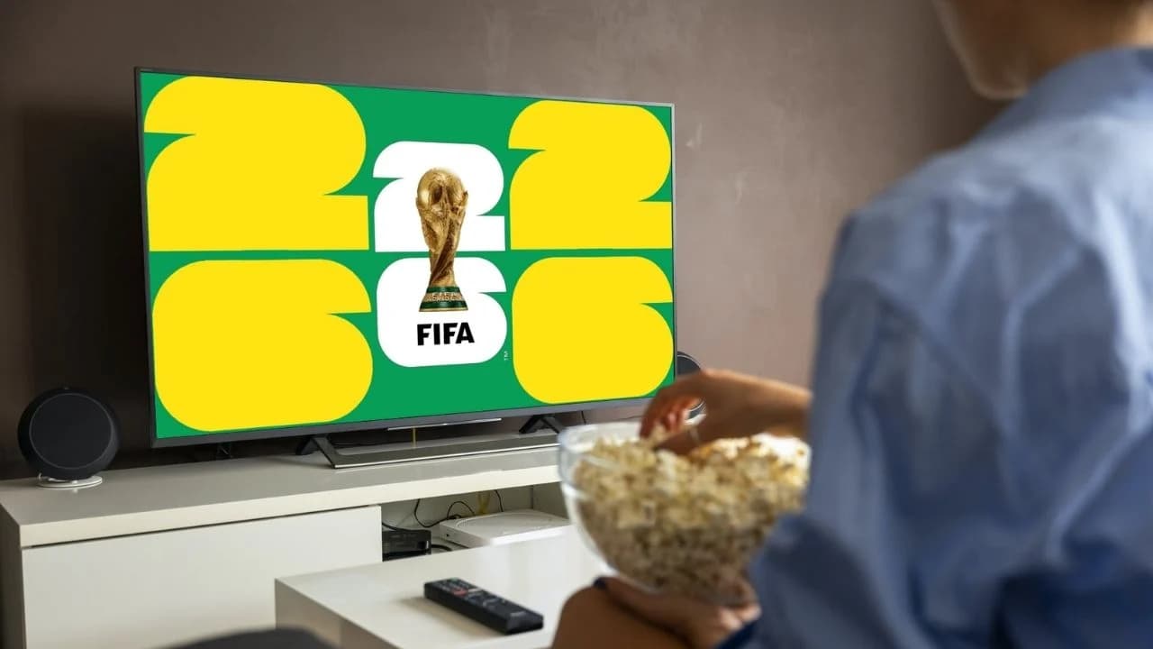 Torcendo comendo pipoca e assistindo à Copa do Mundo de 2026 na TV de 85 polegadas