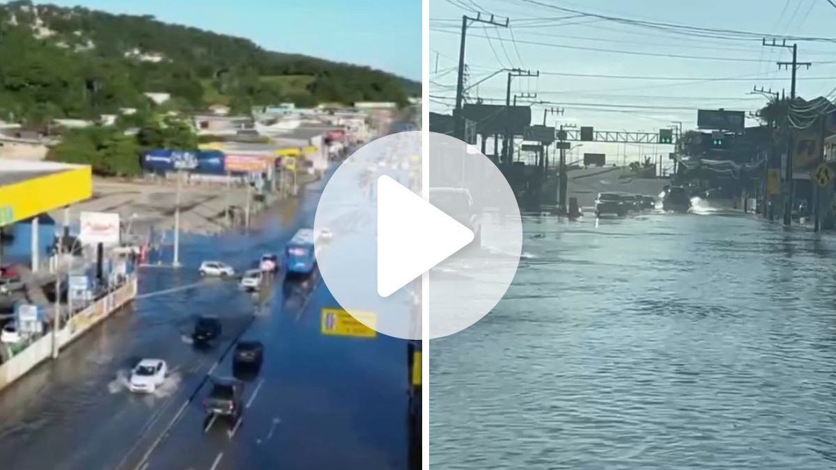 VÍDEO: Maré alta alaga ruas e causa lentidão no trânsito em Florianópolis