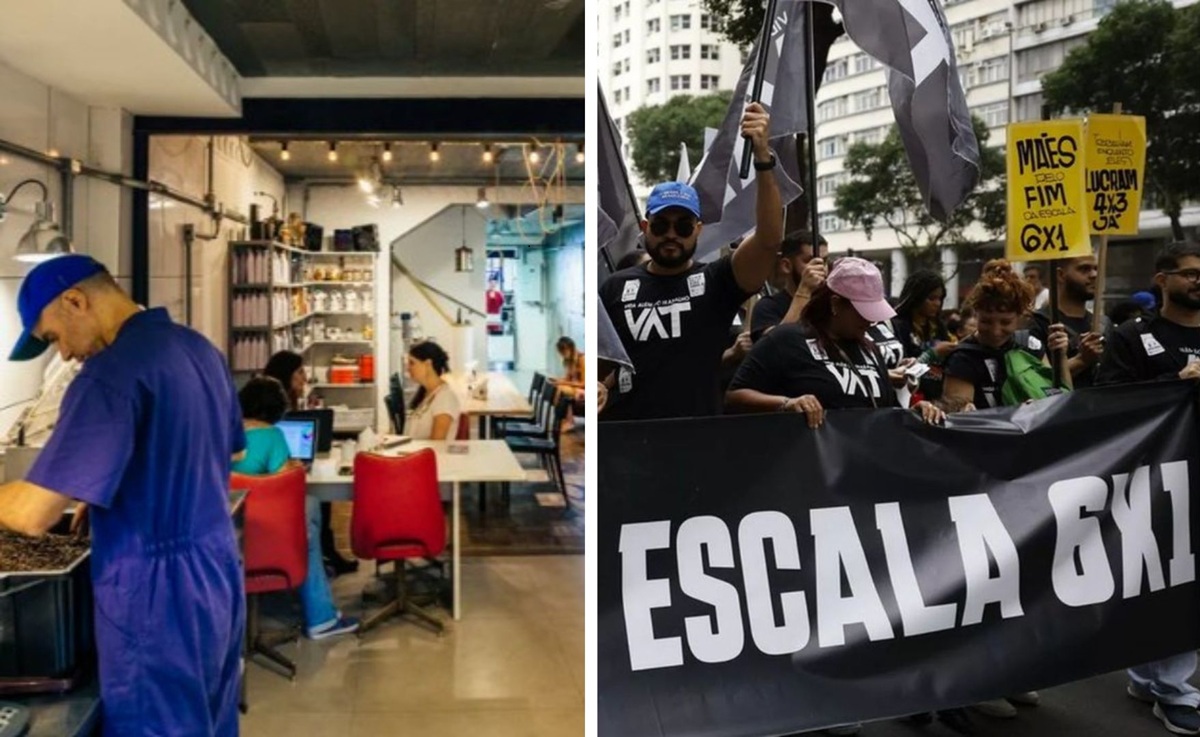 Montagem mostra loja do Coffee Lab que, enquanto o Brasil discute o fim da 6x1, já adotou a escala 4x3. Ao lado, pessoas seguram faixa em manifestação contra a escala de 44 horas semanais