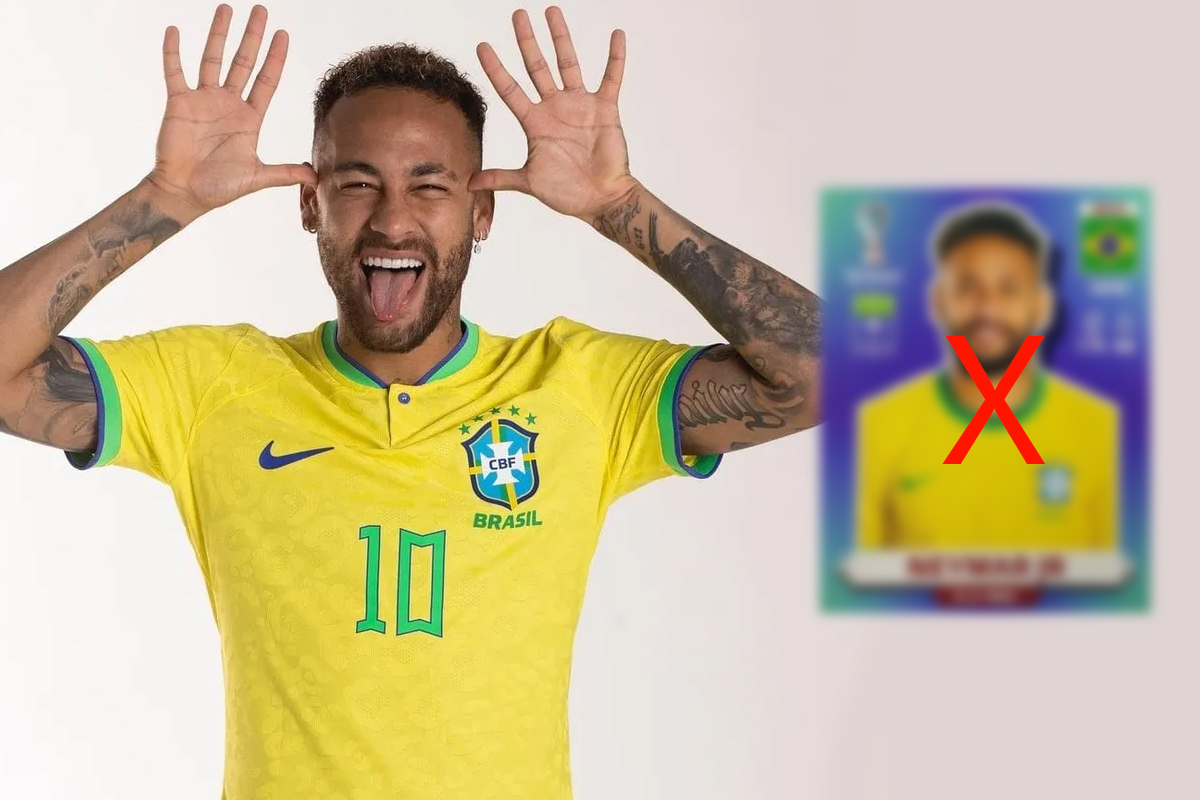 vestido com camisa amarela da seleção, neymar sorri e faz careta. ao lado, sua figurinha do álbum da copa 2022 borrada. ilustra matéria sobre jogadores que não estão no álbum da Copa 2026