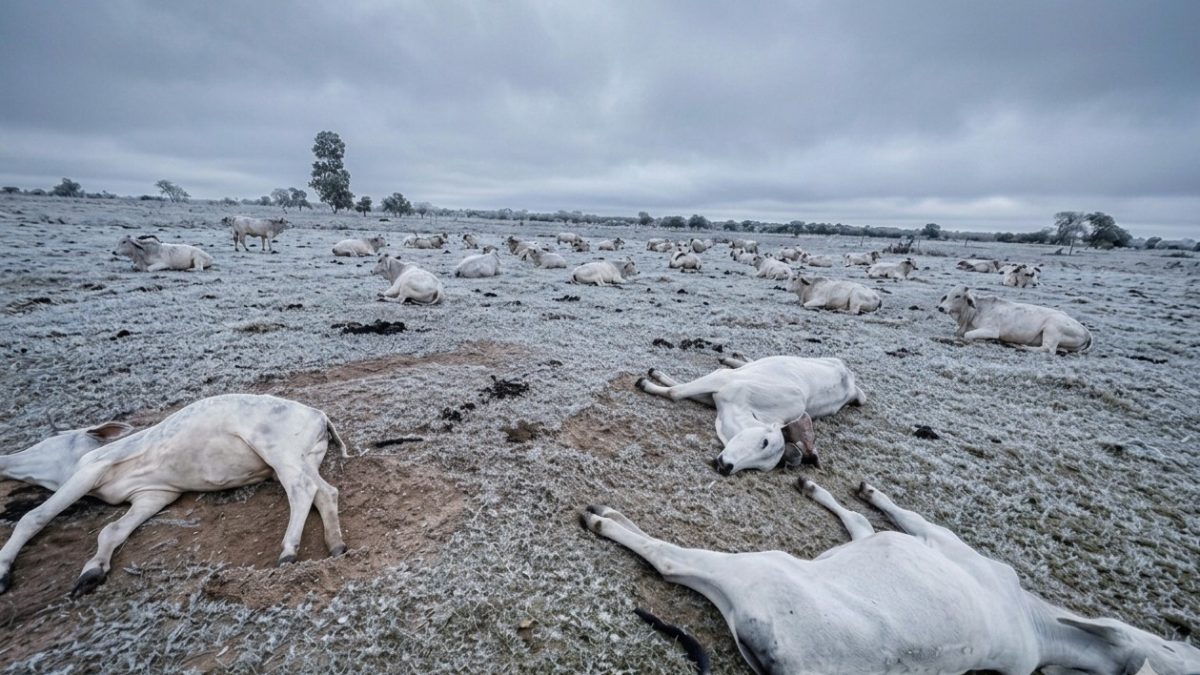 Pico de frio extremo transforma pasto em geleira e mata bois em massa por hipotermia em MS