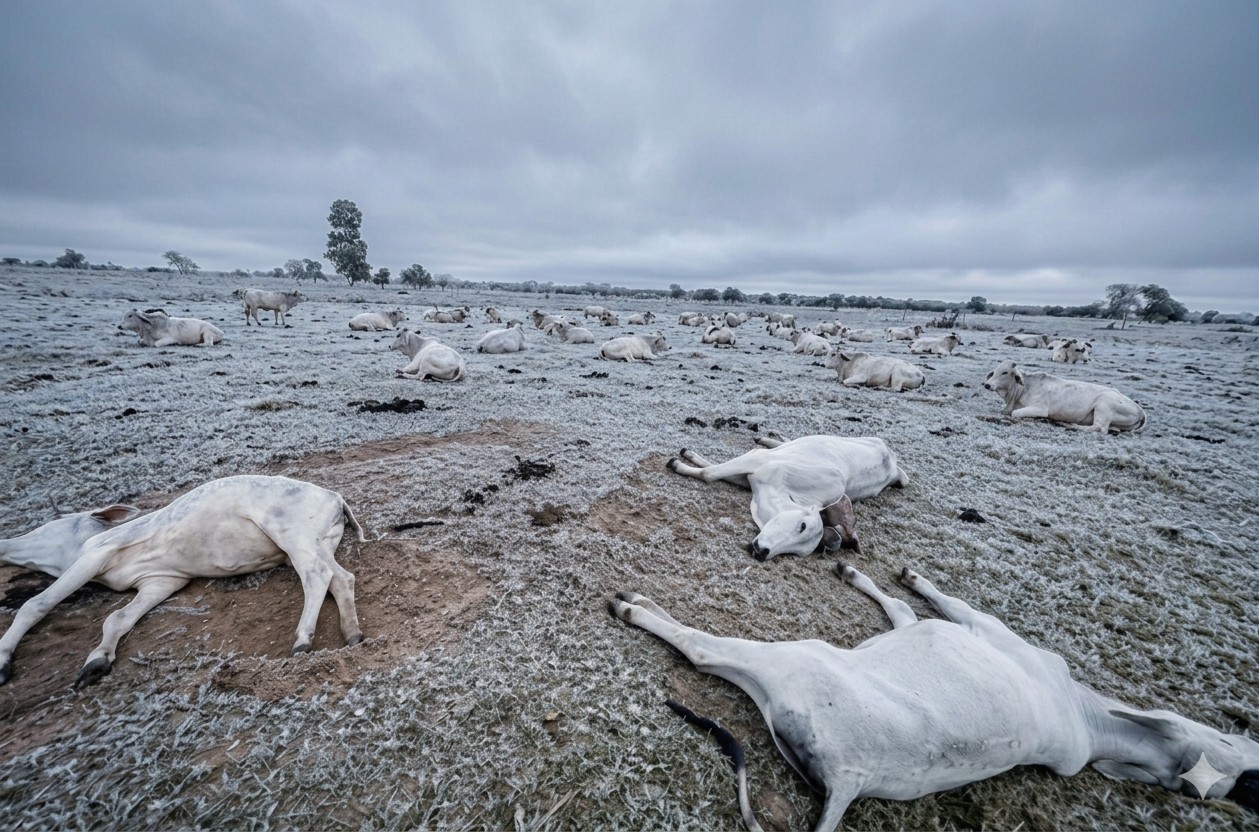 Pico de frio extremo transforma pasto em geleira e mata bois em massa por hipotermia em MS