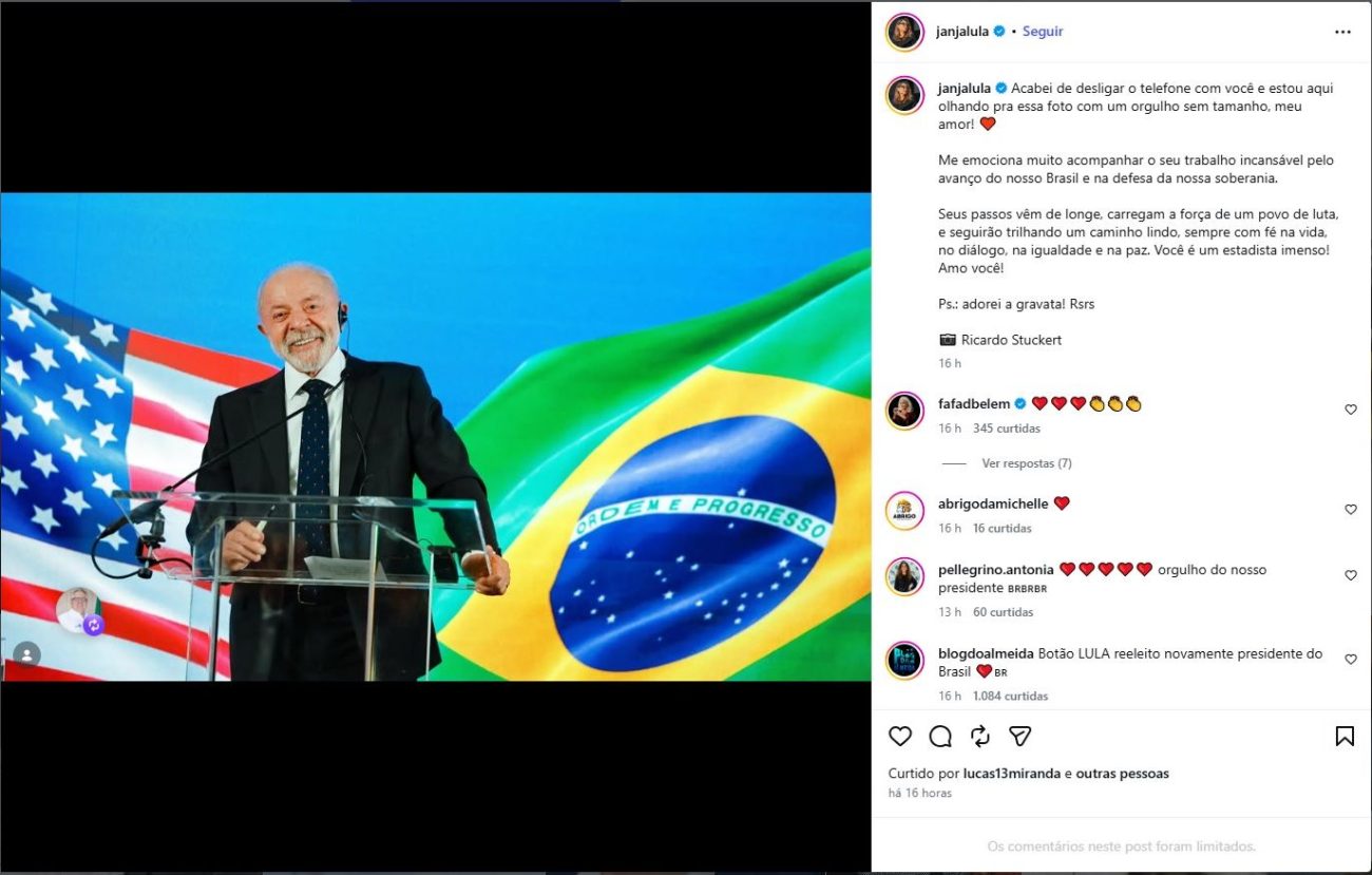 Janja elogiou a atuação de Lula após encontro com TrumpFoto: Reprodução/redes sociais/ND Mais
