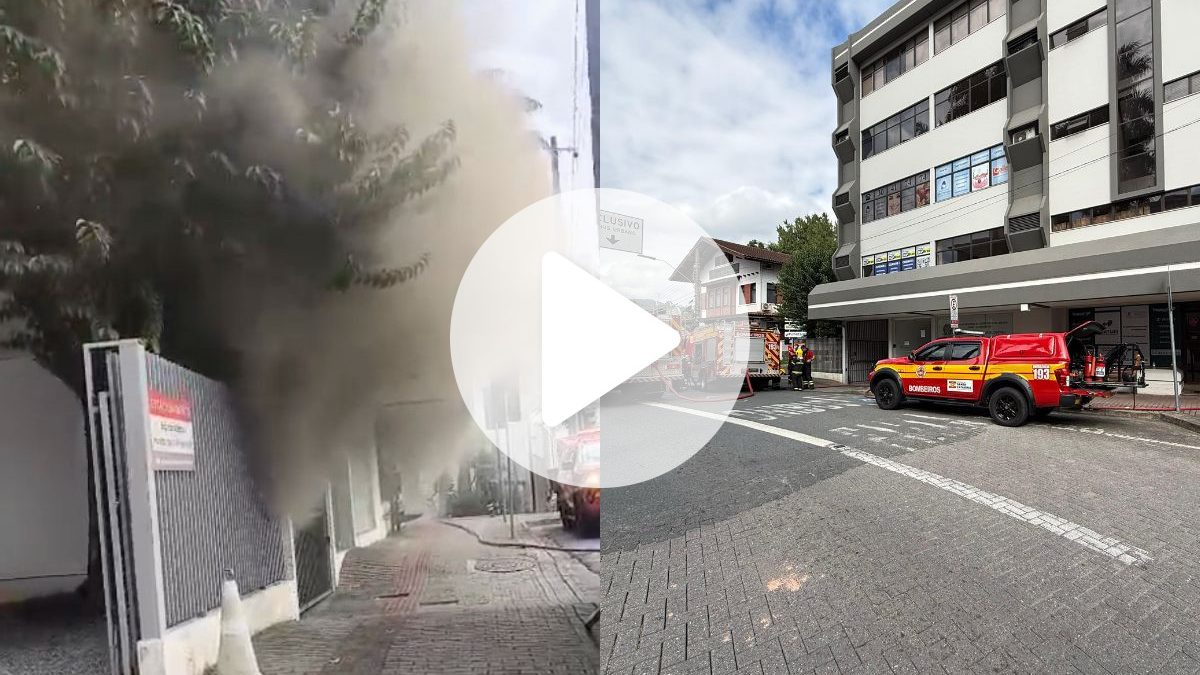 VÍDEO: Incêndio atinge prédio, provoca evacuação às pressas e mobiliza bombeiros em SC