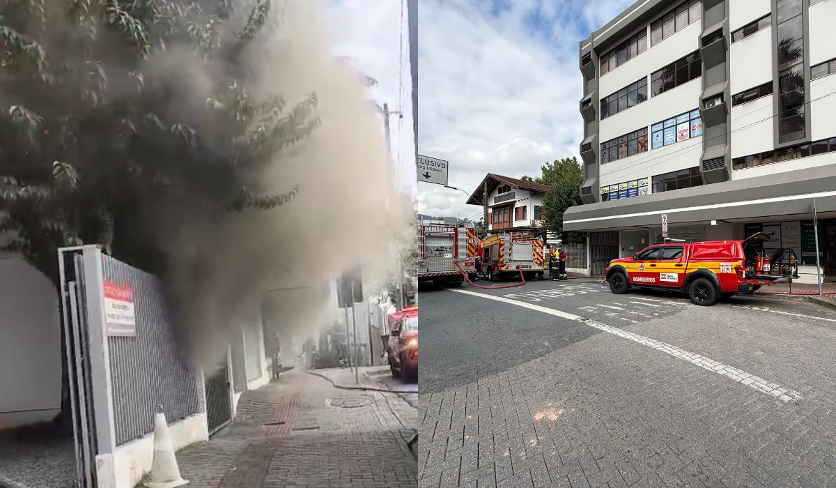 VÍDEO: Incêndio atinge prédio, provoca evacuação às pressas e interdita rua em SC