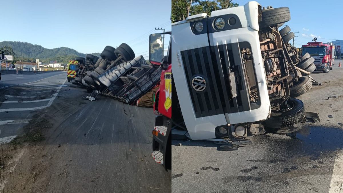 VÍDEO: Caminhão tomba e interdita acesso à BR-470 em SC