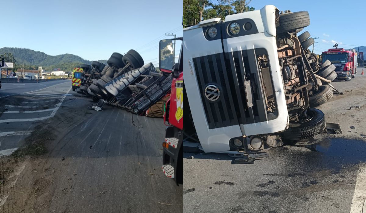 VÍDEO: Caminhão tomba e interdita acesso à BR-470 em SC