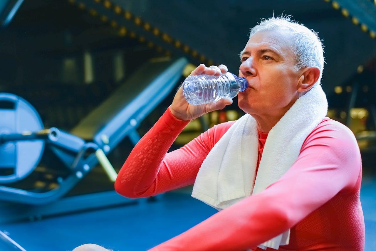 um senhor grisalho bebe água em ambiente de academia. ilustra matéria sobre cuidados com o corpo
