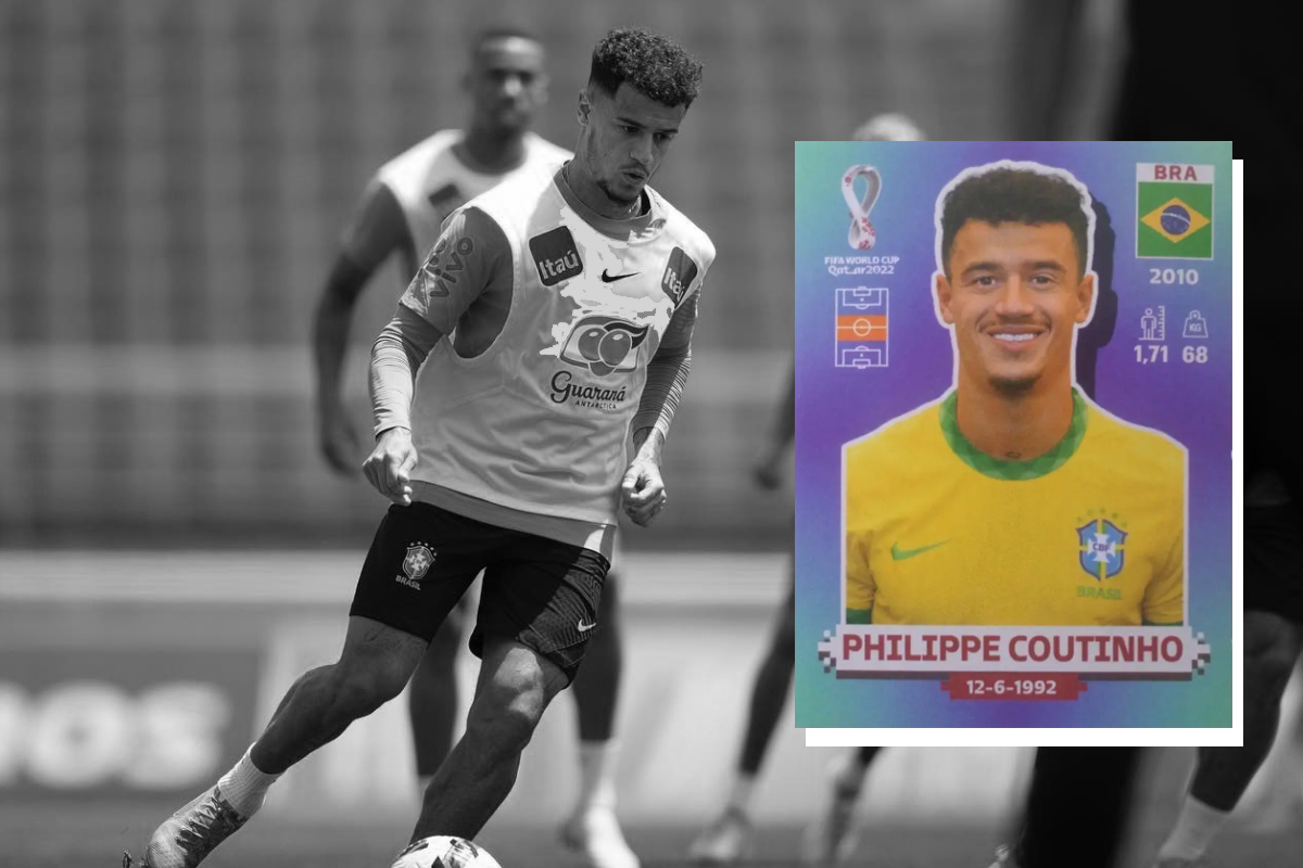 montagem em preto e branco com o jogador philippe coutinho ao lado de sua figurinha colorida do álbum da copa do mundo 2022; ilustra matéria sobre Jogadores no álbum fora da Copa 2026