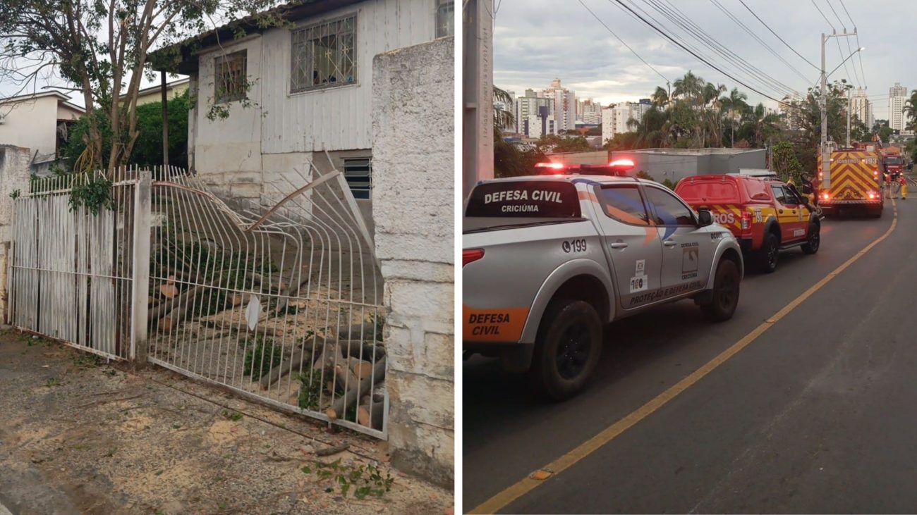 Rajadas de vento intensas causam estragos e deixam 20 mil casas sem energia em Criciúma.