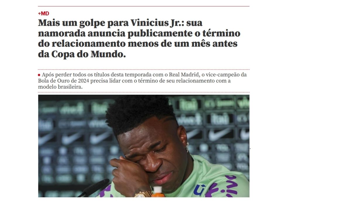Jornal espanhol ressaltou momento negativo na vida de Vini Jr.Foto: Mundo Deportivo/Reprodução/ND Mais
