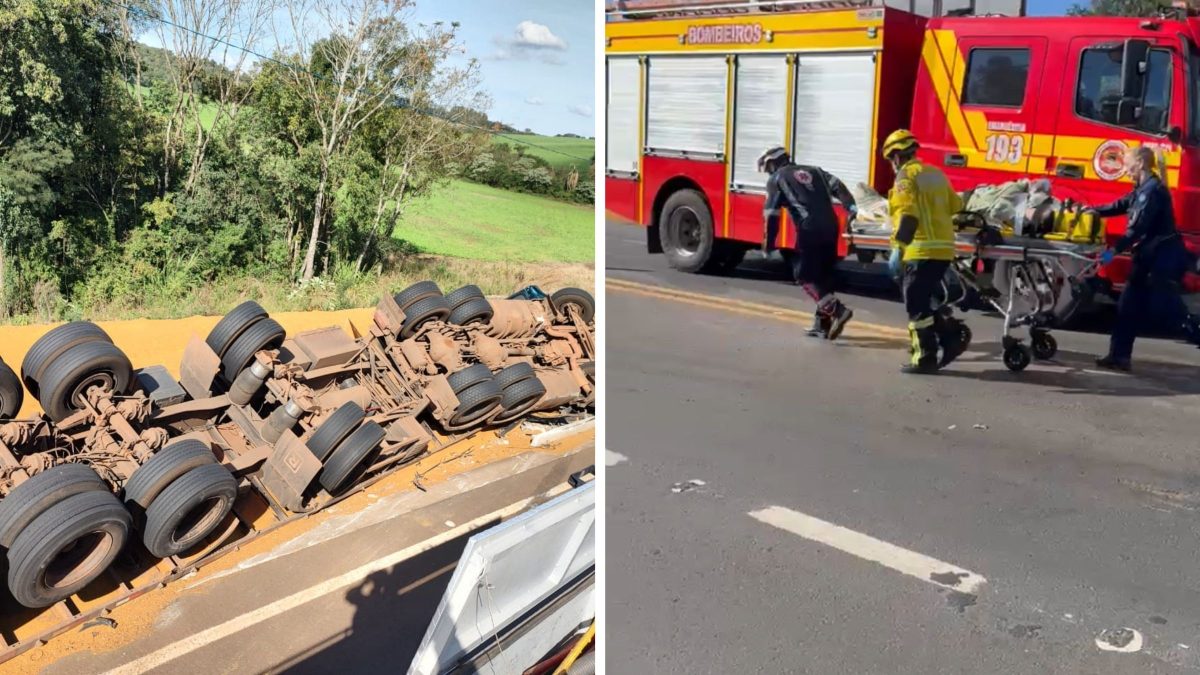 Mulher morre soterrada por carga após caminhão sair da pista e capotar na BR-282 em SC