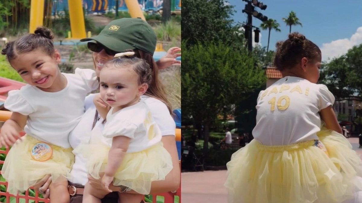 VÍDEOS: Bruna Biancardi mostra Mavie e Mel uniformizadas para a Copa em passeio na Disney