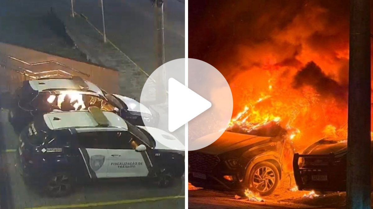 Vídeo mostra homem ateando fogo em viaturas em incêndio criminoso em SC