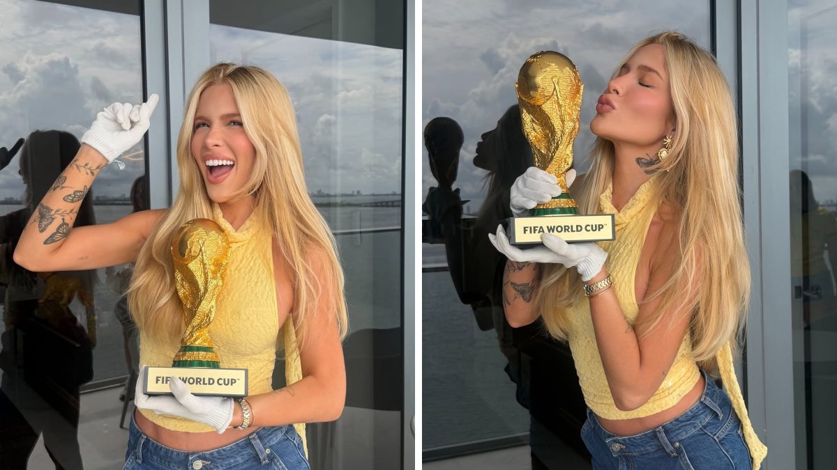 Karoline Lima posa com taça da Copa e faz promessa sobre o hexa: ‘Já tá na mão’