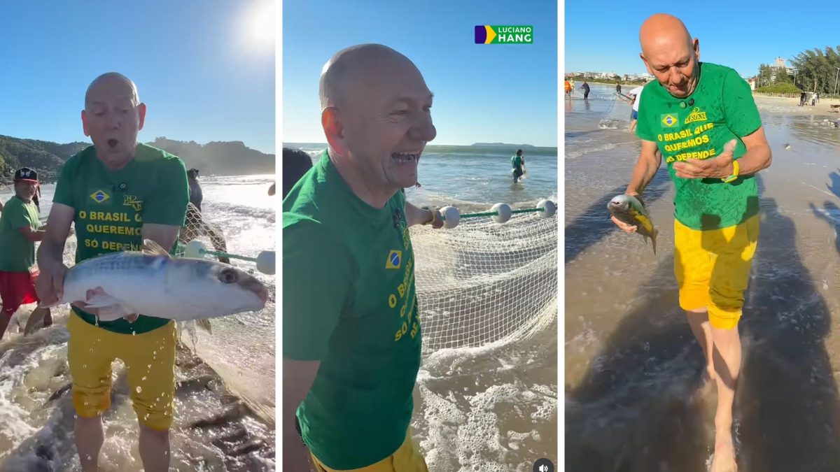 Luciano Hang se une à ‘arrastão’ de tainhas e usa as mãos para capturar peixes em praia