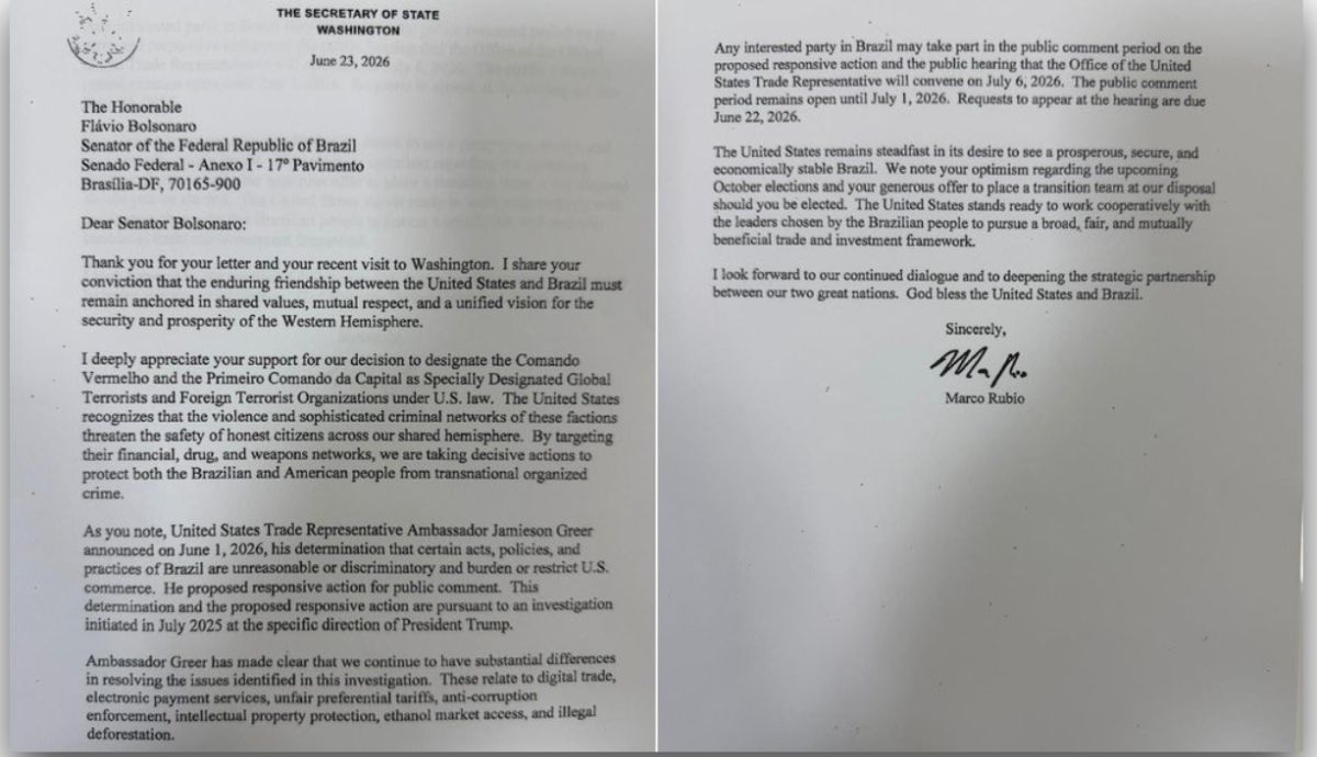 Carta enviada por Marco Rubio a Flávio Bolsonaro